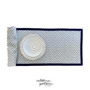 Striscia Decorativa in Lino disegno Losanghe colore grigio con canetè colore blu